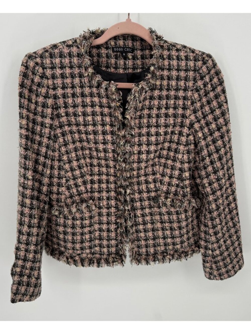 Boho Chic Tweed Frayed Plaid Blazer Jacket Womens Size 8